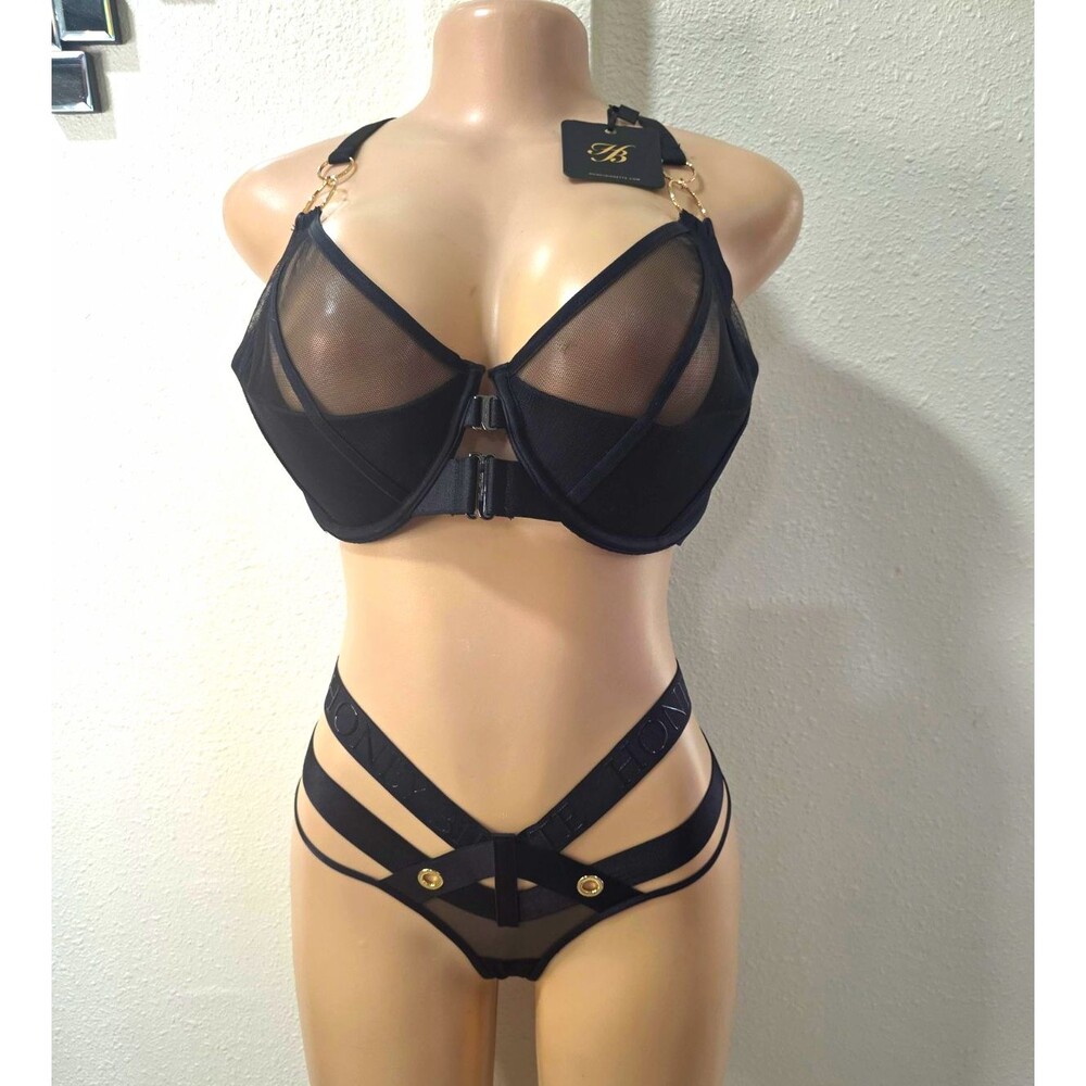 Honey Birdette Black Sheer Mesh One Piece Bodysuit Adjustable S 38G